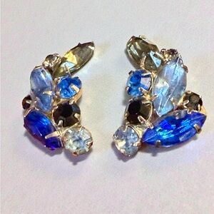 Sparkling Blue Rhinestone Cluster Clip On Earrings Glamorous Statement - Vintage